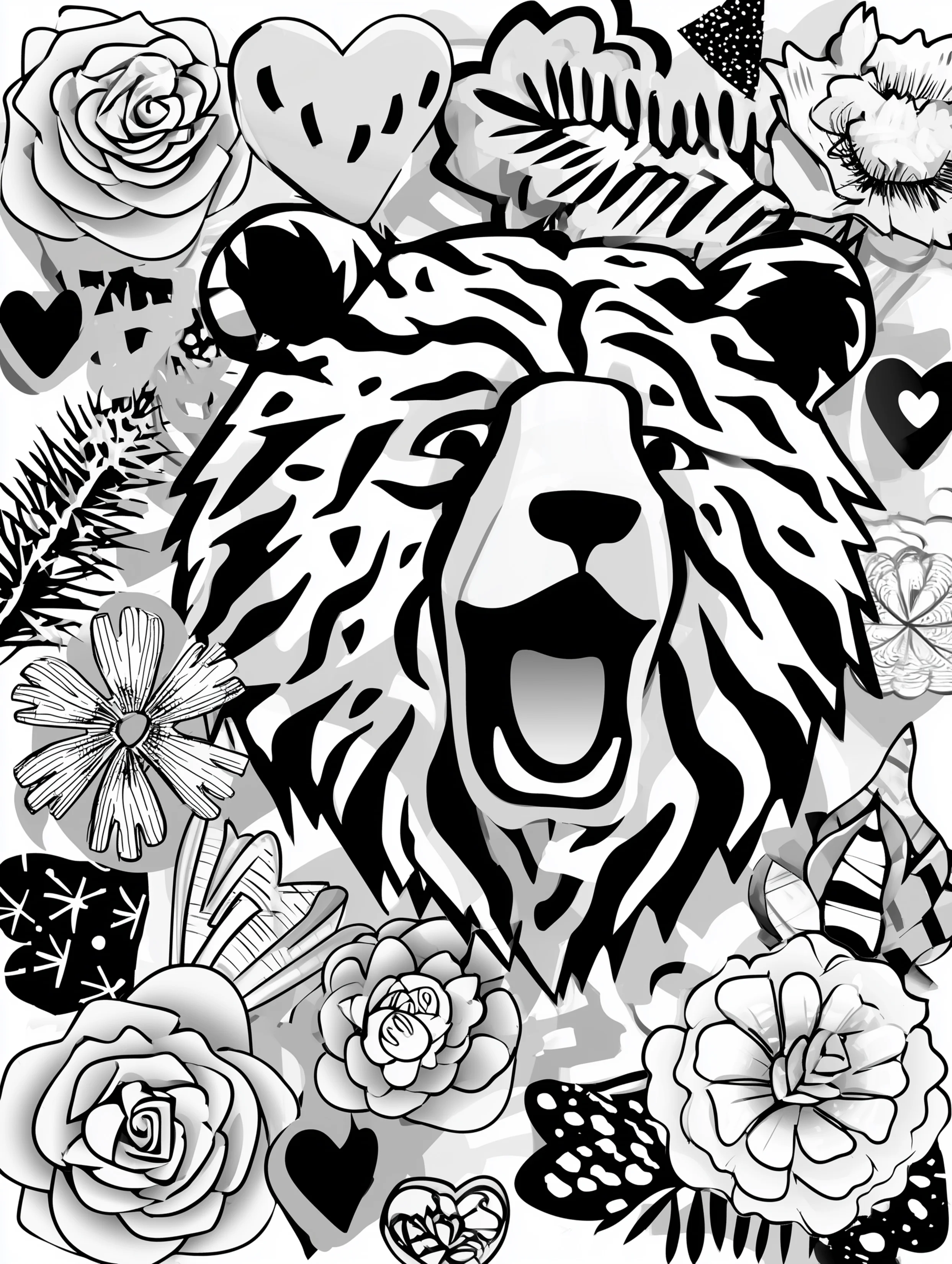 Free printable bear coloring book page featuring a bear face with flowers
